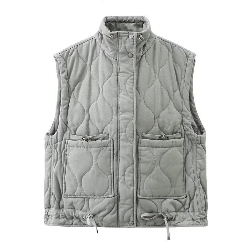 Women's Quilted Sleeveless Vest High Collar Drawstring Pockets Vest | Modern
