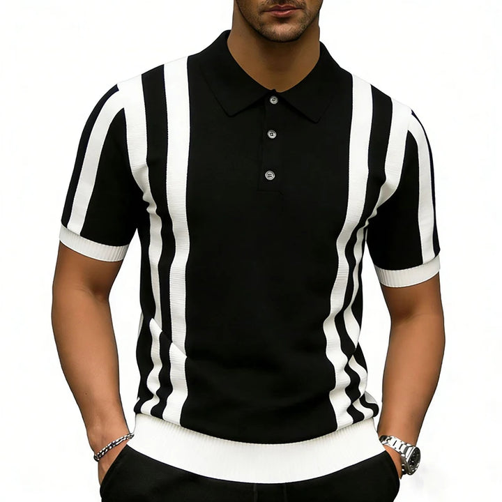 Męska Koszulka Polo w Pionowe Paski z Krótkim Rękawem | Styl Retro
