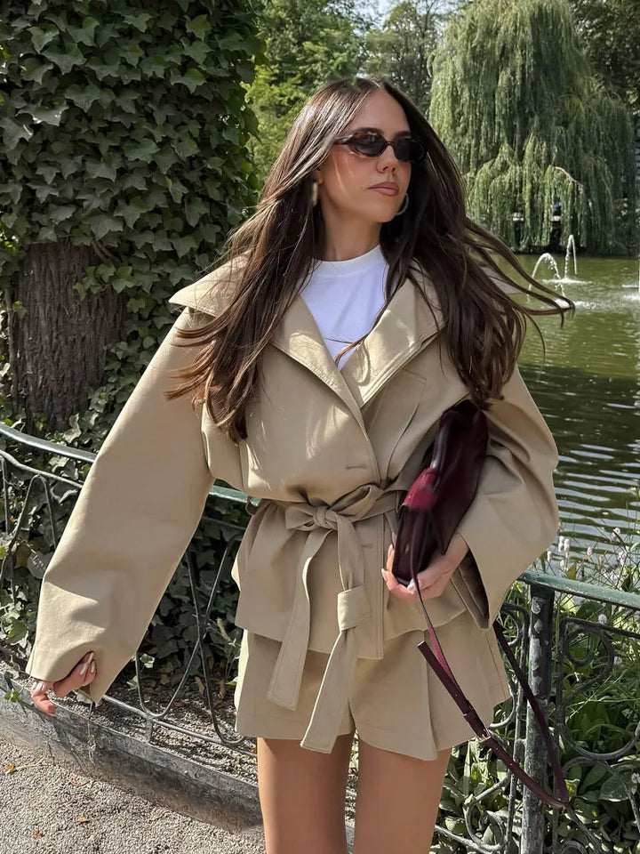 Women's Oversized Belted Envelope Jacket and Shorts Two-Piece Set | Long Sleeve