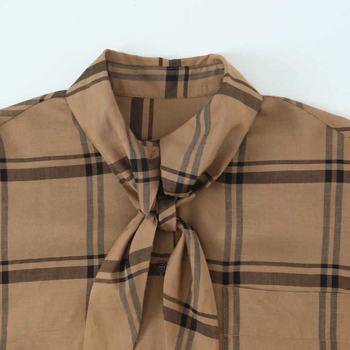 Women's Long Sleeve Plaid Blouse with Neck Tie and Buttons | Classic