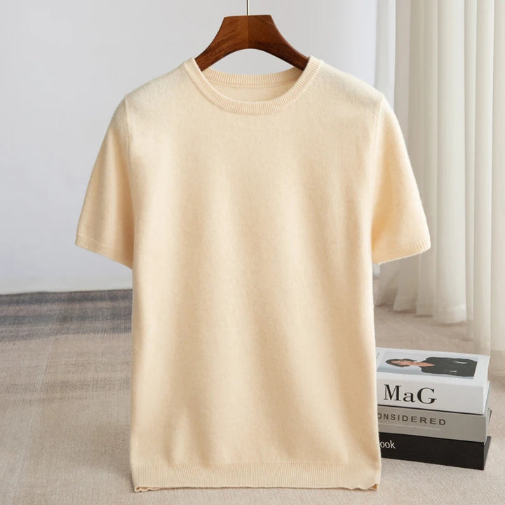 Męski T-shirt Dzianinowy Krótki Rękaw Okrągły Dekolt Prążkowany Dół Pulower T-shirt | Minimalistyczny