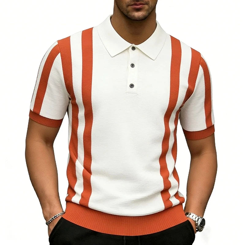Męska Koszulka Polo w Pionowe Paski z Krótkim Rękawem | Styl Retro