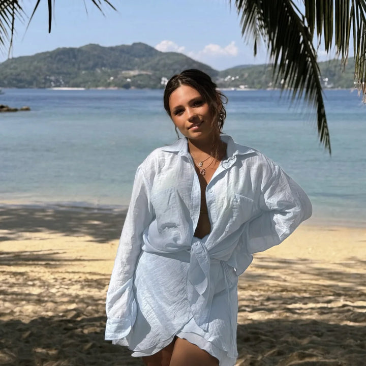 Women's Tie-Front Long Sleeve Shirt and Mini Skirt Two-Piece Set | Beach Style