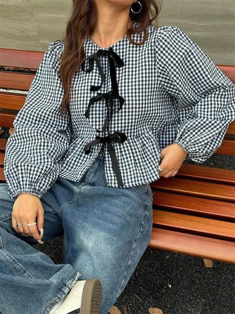 Women's Long Sleeve Checkered Blouse with Front Bow Tie | Ruffle Hem Blouse