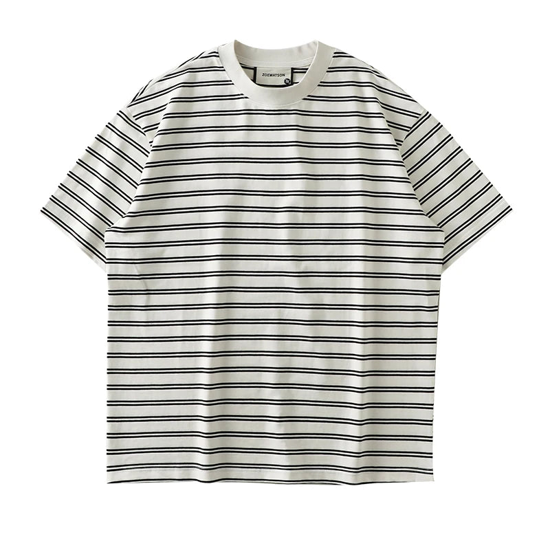 Męski T-Shirt w Paski z Okrągłym Dekoltem i Krótkim Rękawem | Oversize Krój