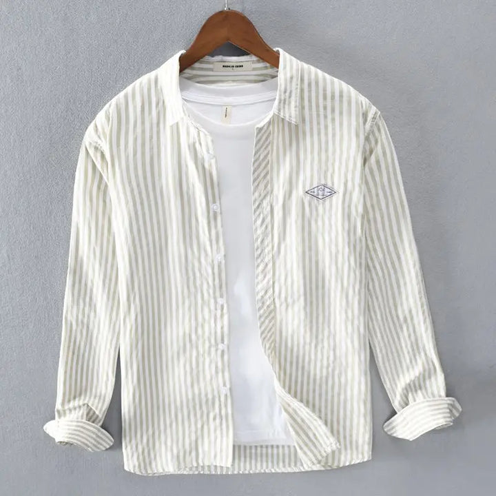 Męska Koszula w Paski na Guziki ze Stójką | Casualowy Styl