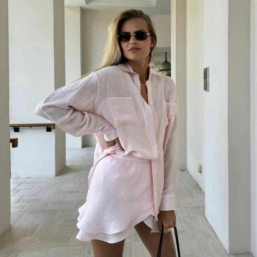 Women's Tie-Front Long Sleeve Shirt and Mini Skirt Two-Piece Set | Beach Style