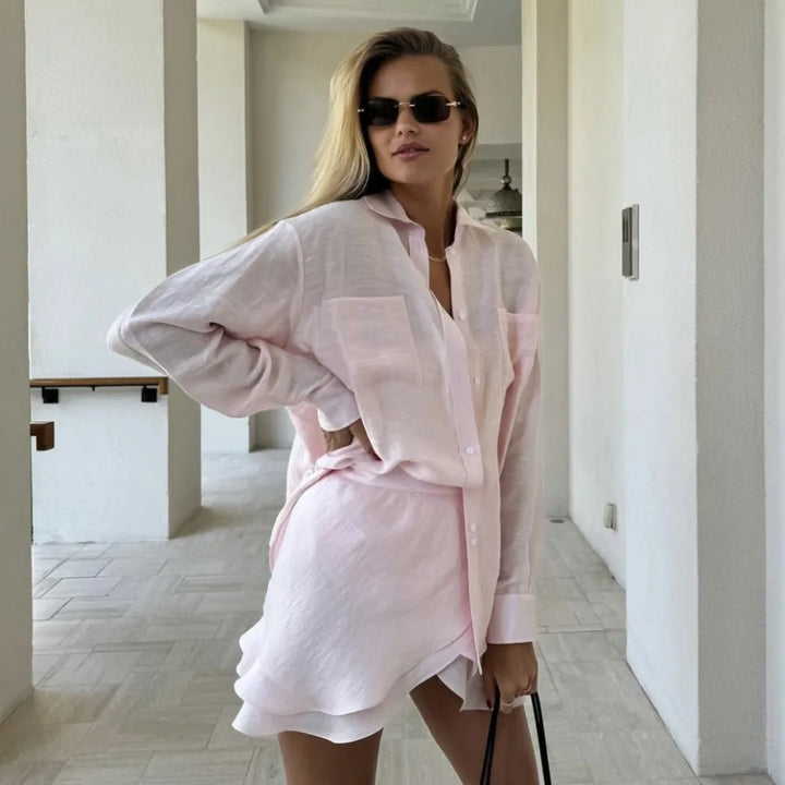 Women's Tie-Front Long Sleeve Shirt and Mini Skirt Two-Piece Set | Beach Style
