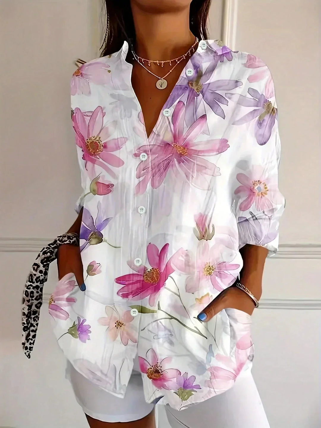 Hanna | Women's Colorful Printed Blouse with Rolled-Up Sleeves