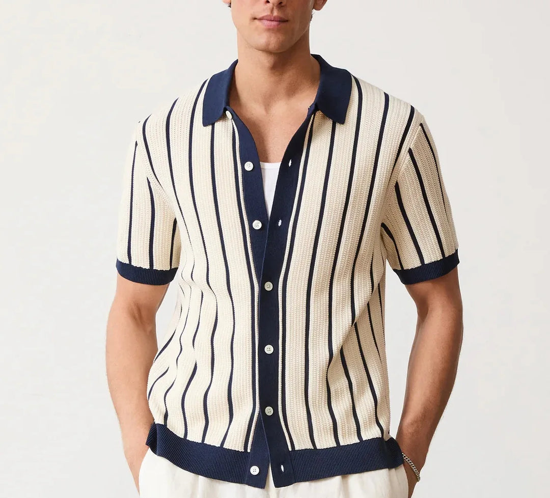 Męski Sweter Polo w Paski z Krótkim Rękawem i Guzikami | Retro Krój