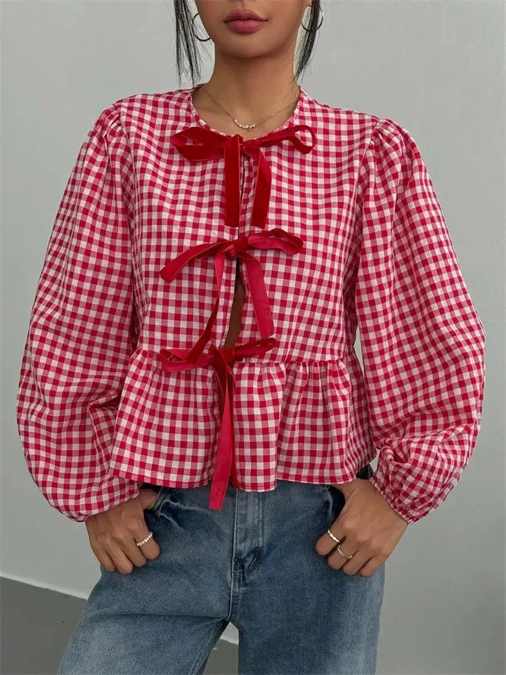 Women's Front Tie Checkered Ruffle Long Sleeve Blouse | Tie