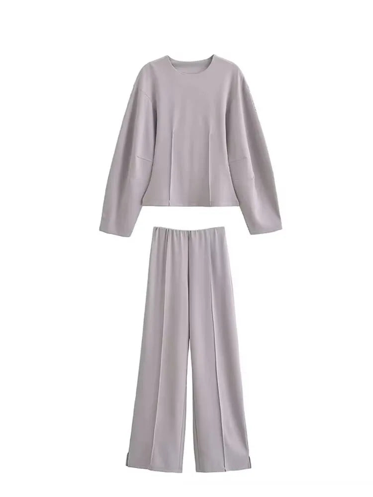 Women's Long Sleeve Round Neck Top and Wide Pants Two-Piece Set | Seam Detail