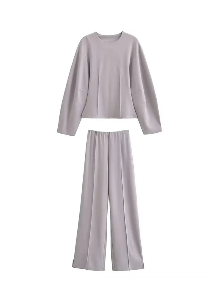 Women's Long Sleeve Round Neck Top and Wide Pants Two-Piece Set | Seam Detail