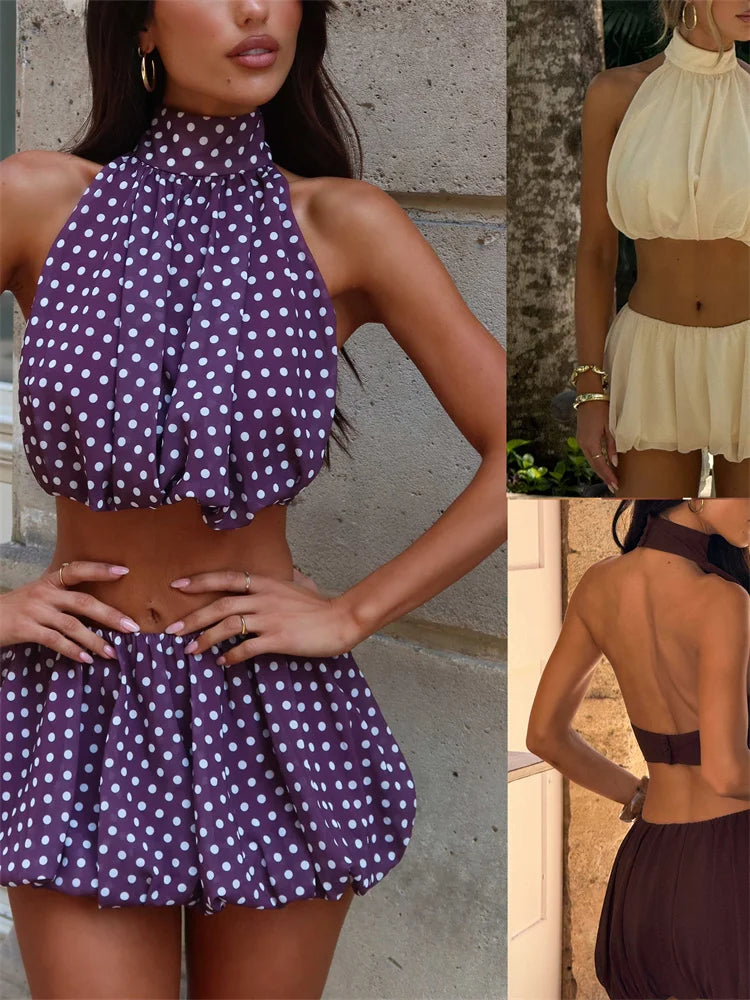 Women's Padded Bra Bottom Top and Mini Skirt Two-Piece Set | Open Back Style