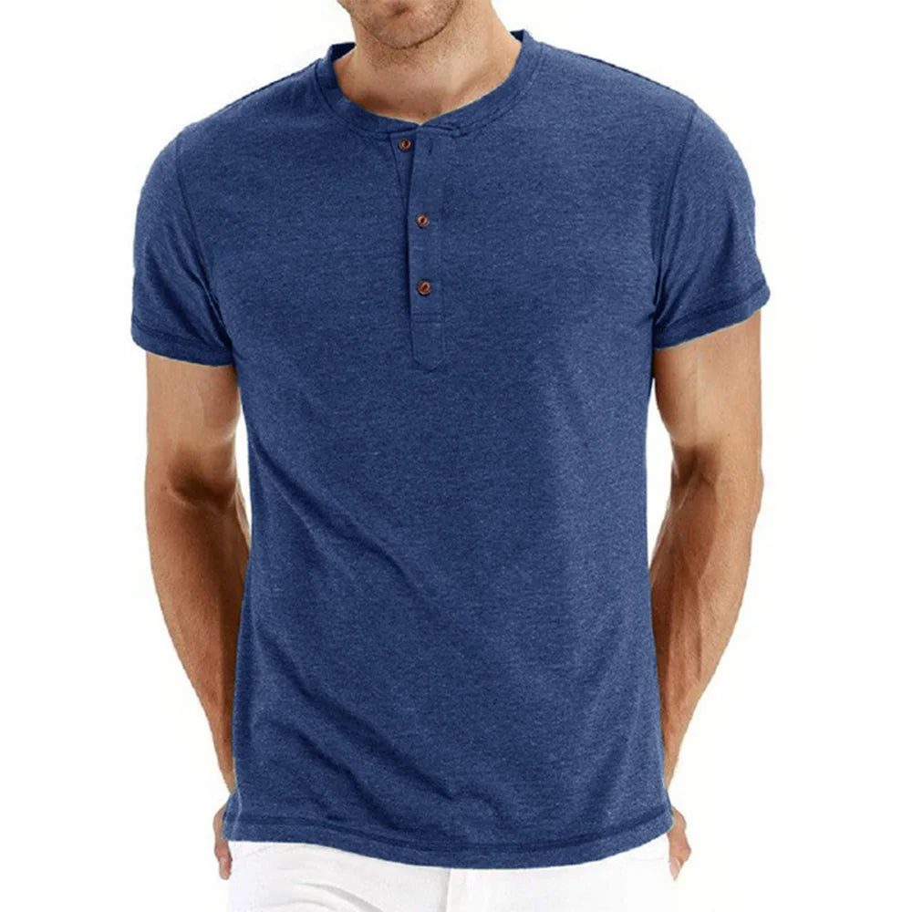 Męski T-Shirt Henley z Krótkim Rękawem i Dekoltem na Guziki | Dopasowany Krój