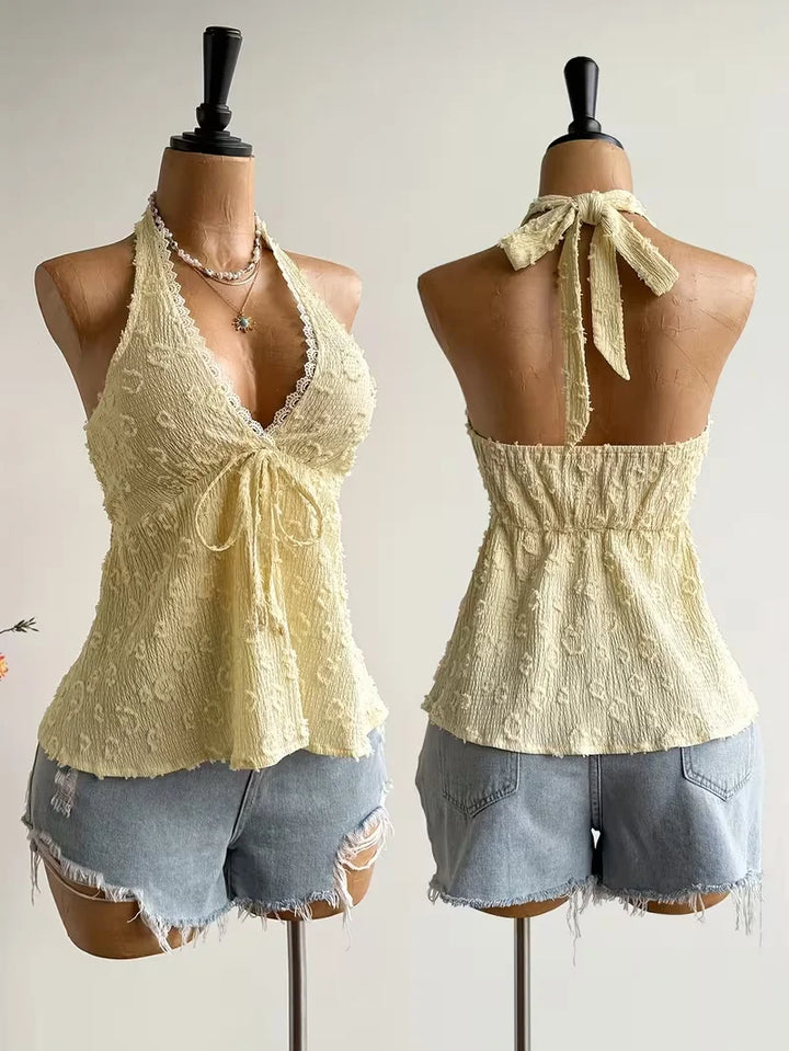 Women's Halter Top Neck Tie Open Back Lace Trim Top | Ruched