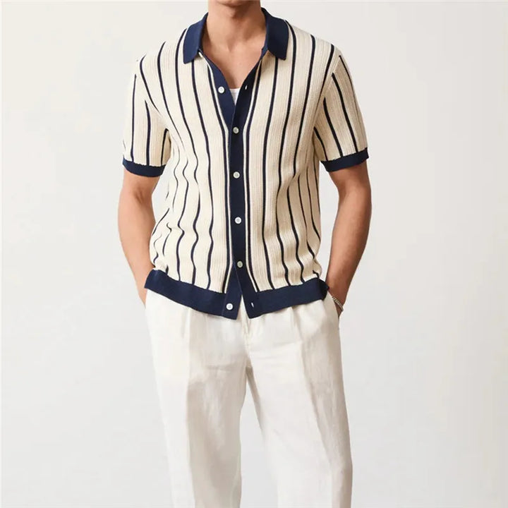 Męski Sweter Polo w Paski z Krótkim Rękawem i Guzikami | Retro Krój