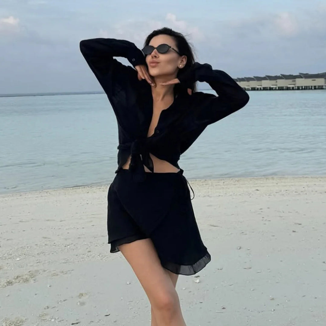 Women's Tie-Front Long Sleeve Shirt and Mini Skirt Two-Piece Set | Beach Style