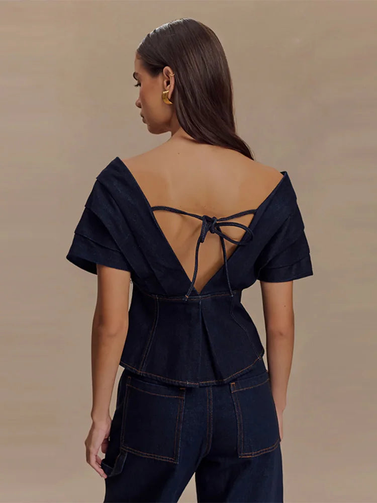 Women's Off-Shoulder Top with Peplum and Straight-Leg Pants Two-Piece Set | Structural Design