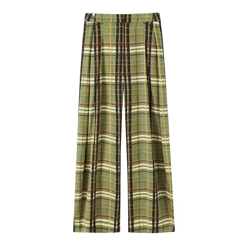 Women's High Waist Plaid Wide Leg Casual Pants | Straight Cut