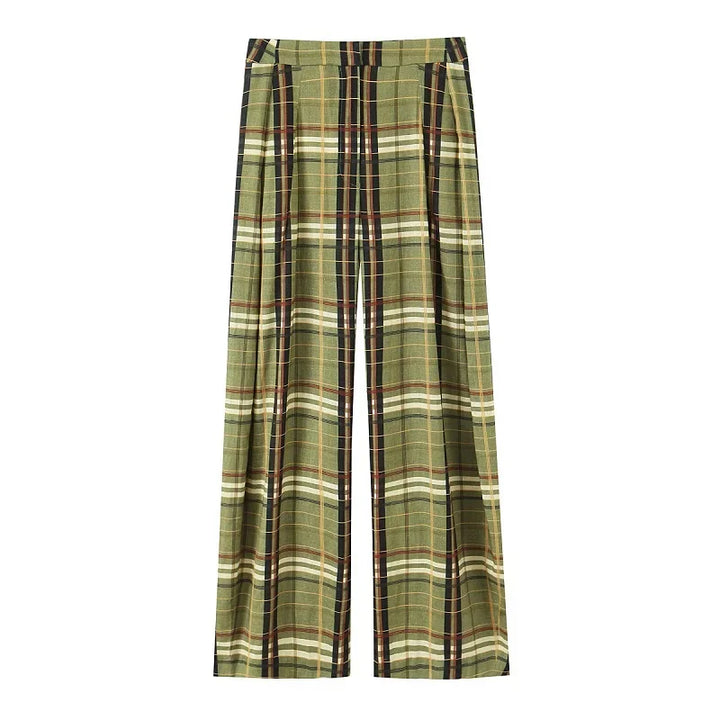 Women's High Waist Plaid Wide Leg Casual Pants | Straight Cut