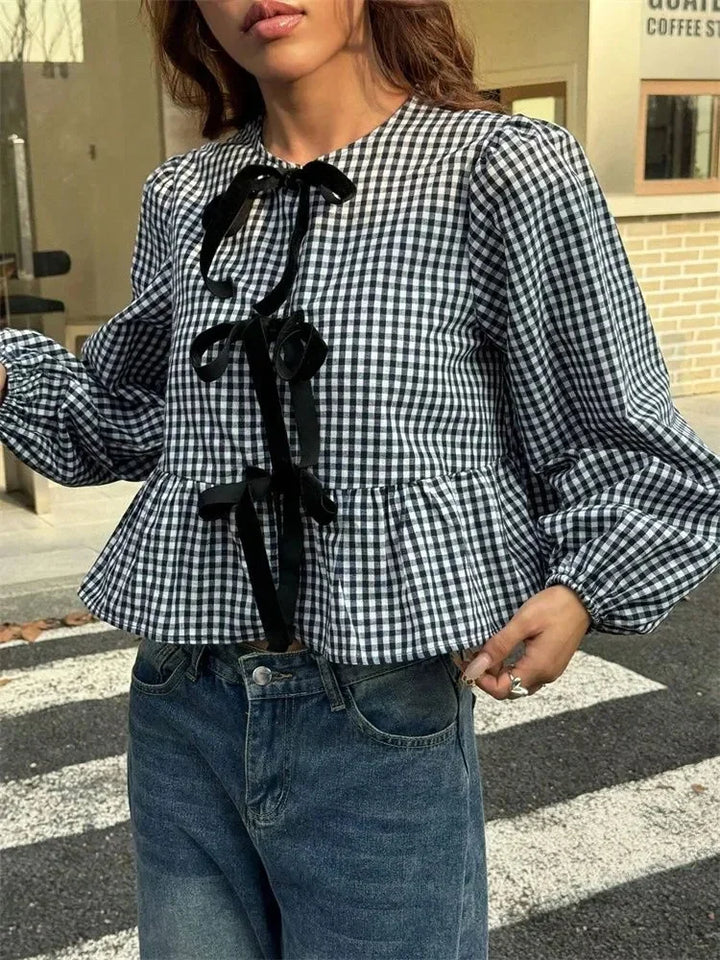 Women's Long Sleeve Checkered Blouse with Front Bow Tie | Ruffle Hem Blouse