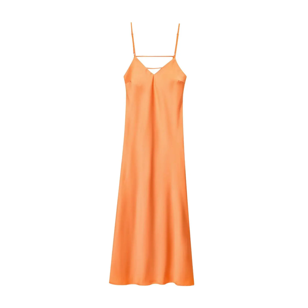 Women's Sleeveless Midi Dress with Straps and Slit | Open Back