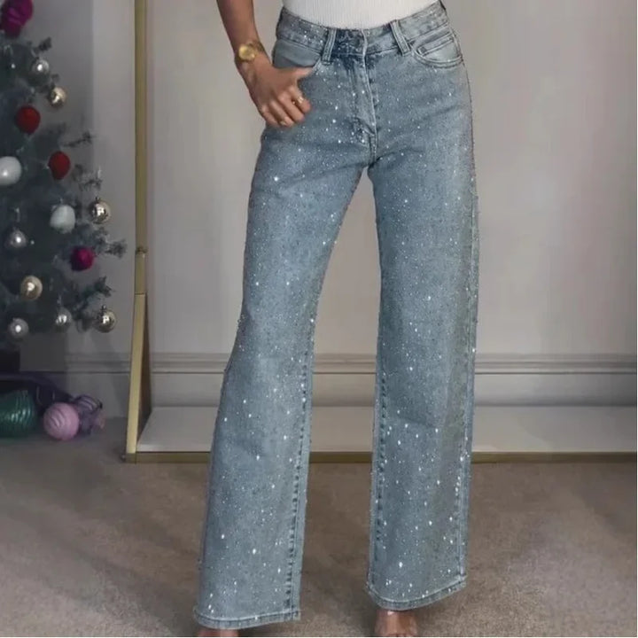 Women's High Waist Wide Leg Rhinestone Pants | Flared Cut