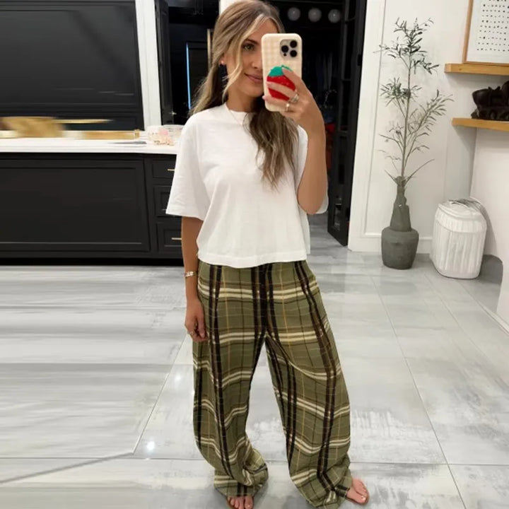 Women's High Waist Plaid Wide Leg Casual Pants | Straight Cut