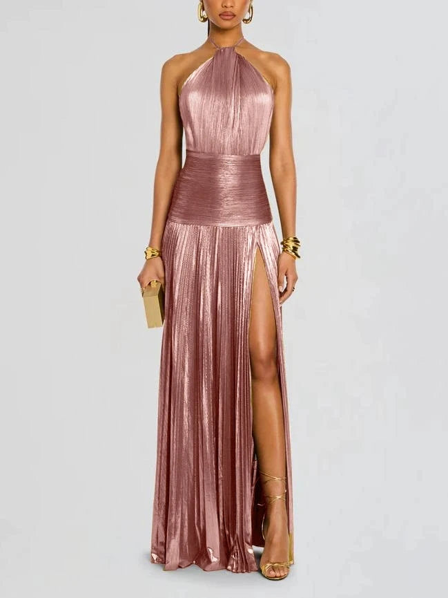 Women's Sleeveless Dress with Neck Tie and Slit | Maxi