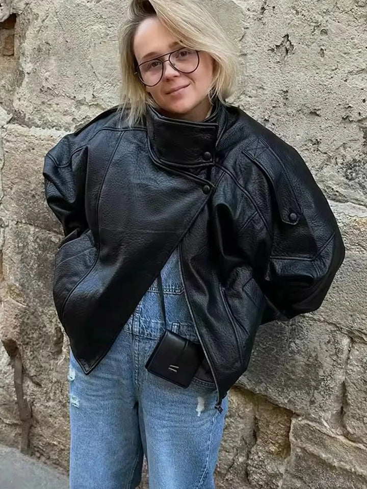 Women's Long Sleeve Jacket with Stand-Up Collar and Zipper | Oversize