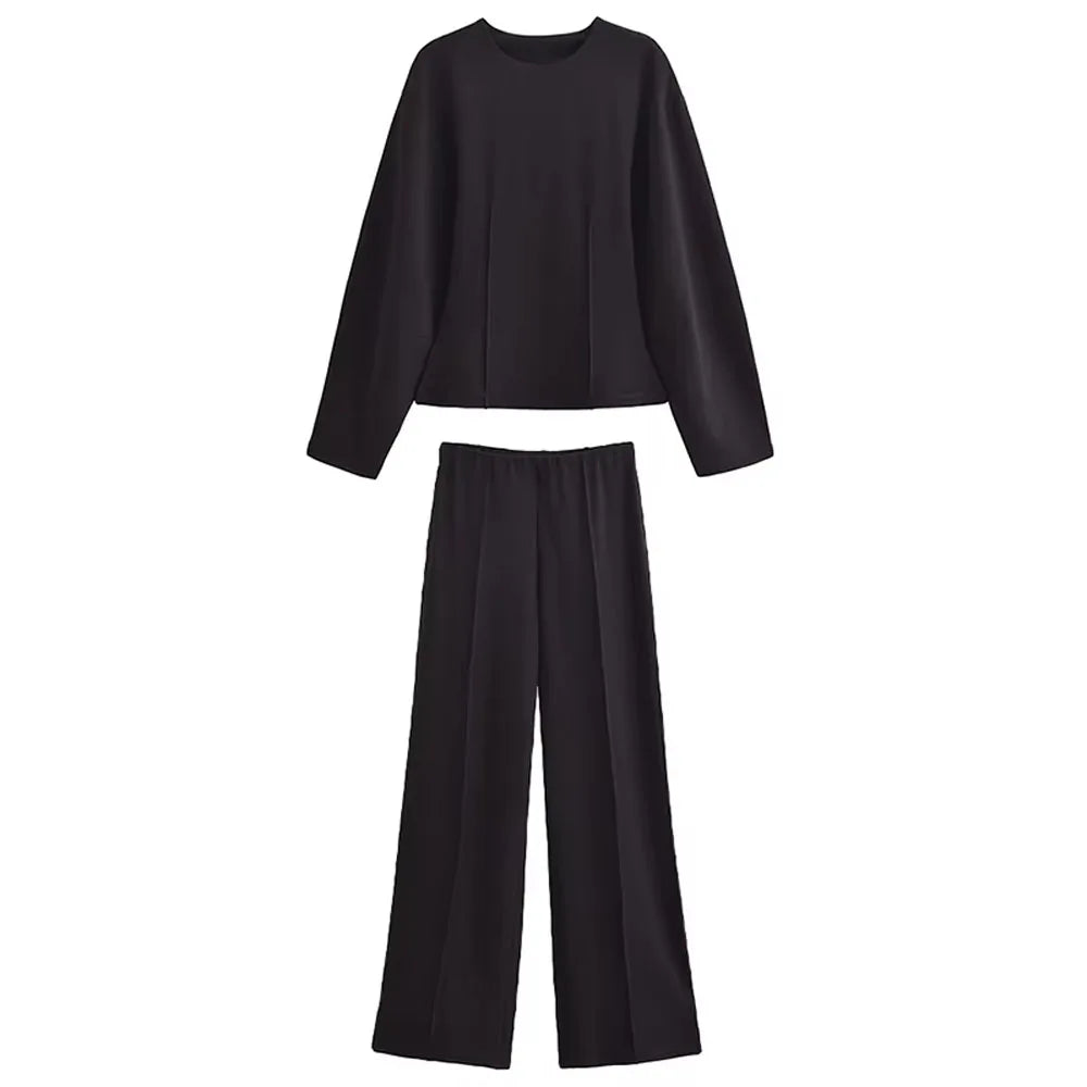 Women's Long Sleeve Round Neck Top and Wide Pants Two-Piece Set | Seam Detail