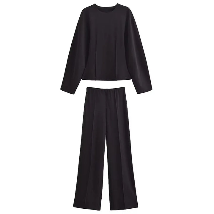 Women's Long Sleeve Round Neck Top and Wide Pants Two-Piece Set | Seam Detail
