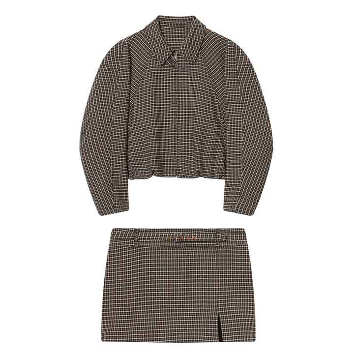 Women's Plaid Set with Short Jacket with Long Sleeves and Mini Skirt with Slit | Retro Style