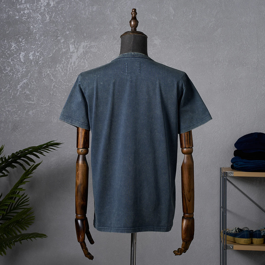 Męski Sprany T-Shirt z Okrągłym Dekoltem, Krótkim Rękawem i Kieszonką | Vintage Krój
