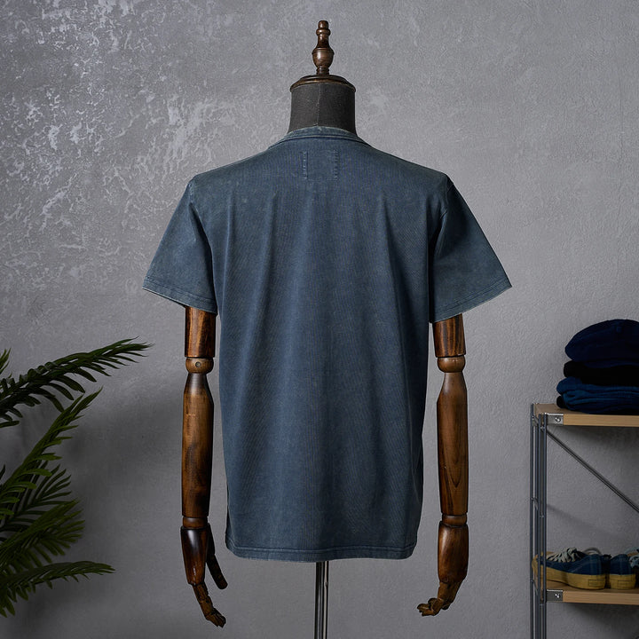 Męski Sprany T-Shirt z Okrągłym Dekoltem, Krótkim Rękawem i Kieszonką | Vintage Krój