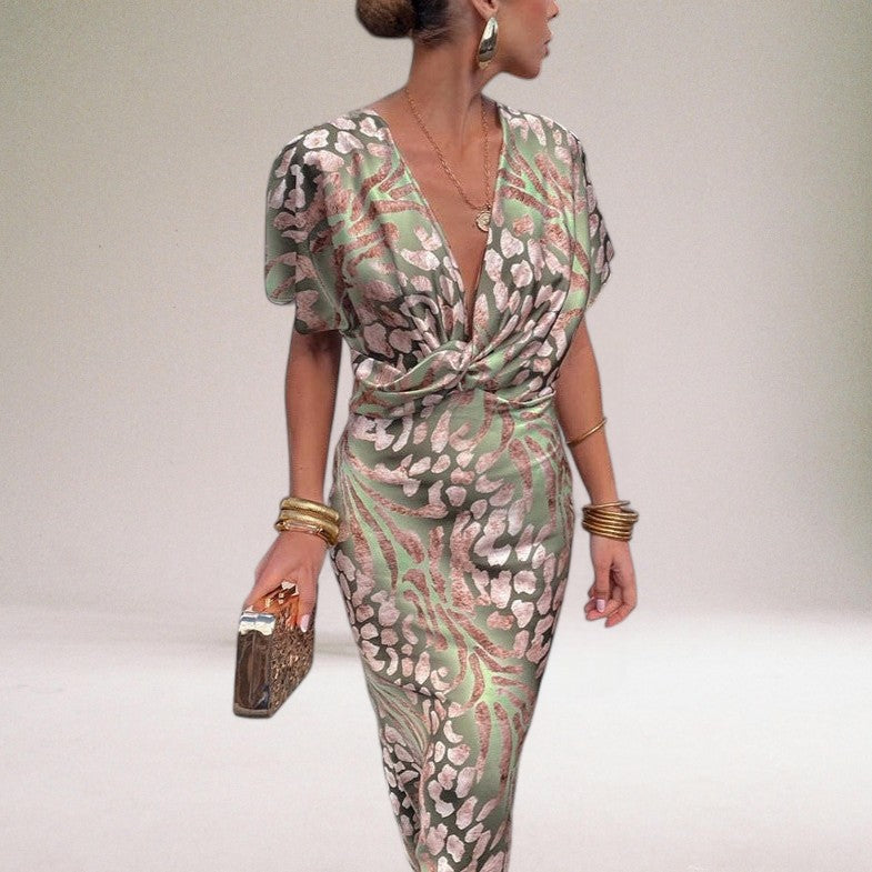 Damska Sukienka z Dekoltem V, Bufiastymi Rękawami i Printem | Midi
