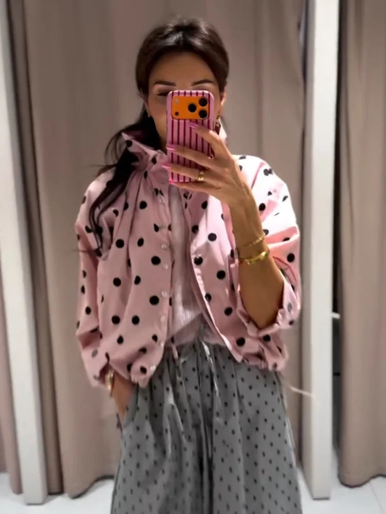 Women's Long Sleeve Jacket with High Collar in Polka Dots | Street Style