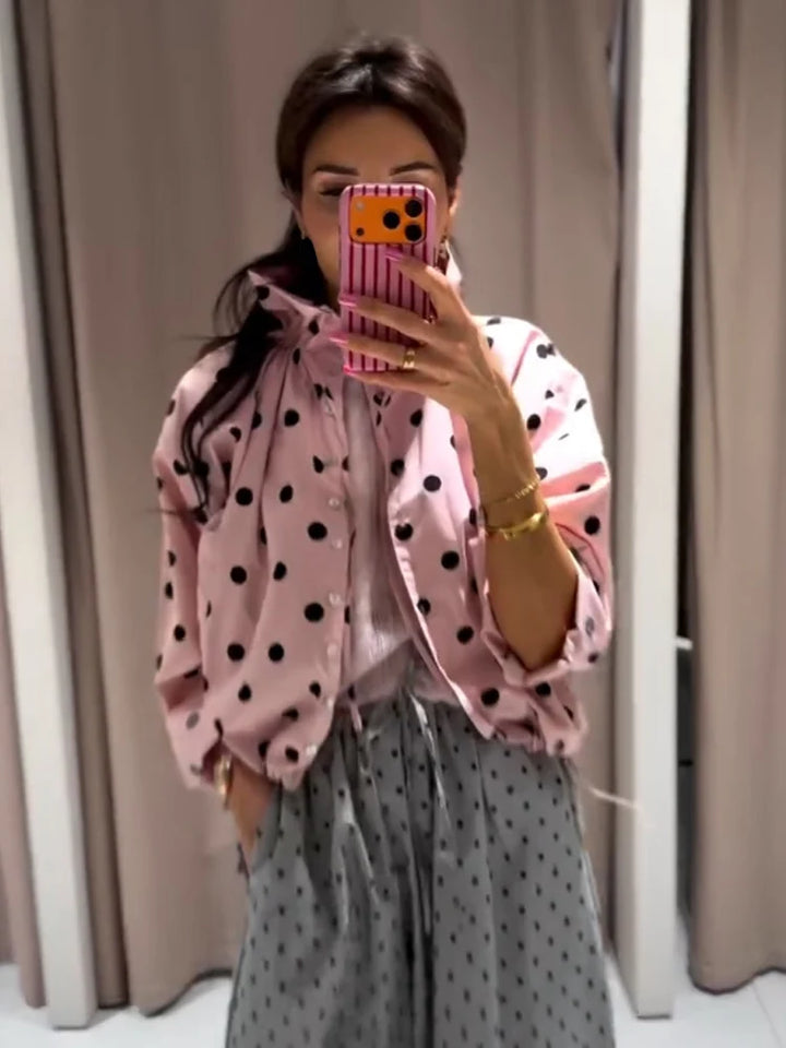 Women's Long Sleeve Jacket with High Collar in Polka Dots | Street Style