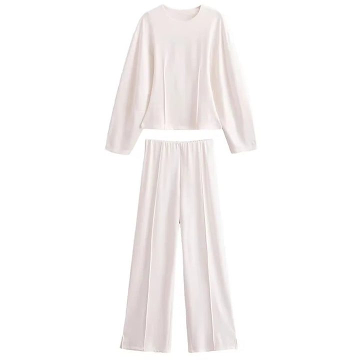 Women's Long Sleeve Round Neck Top and Wide Pants Two-Piece Set | Seam Detail