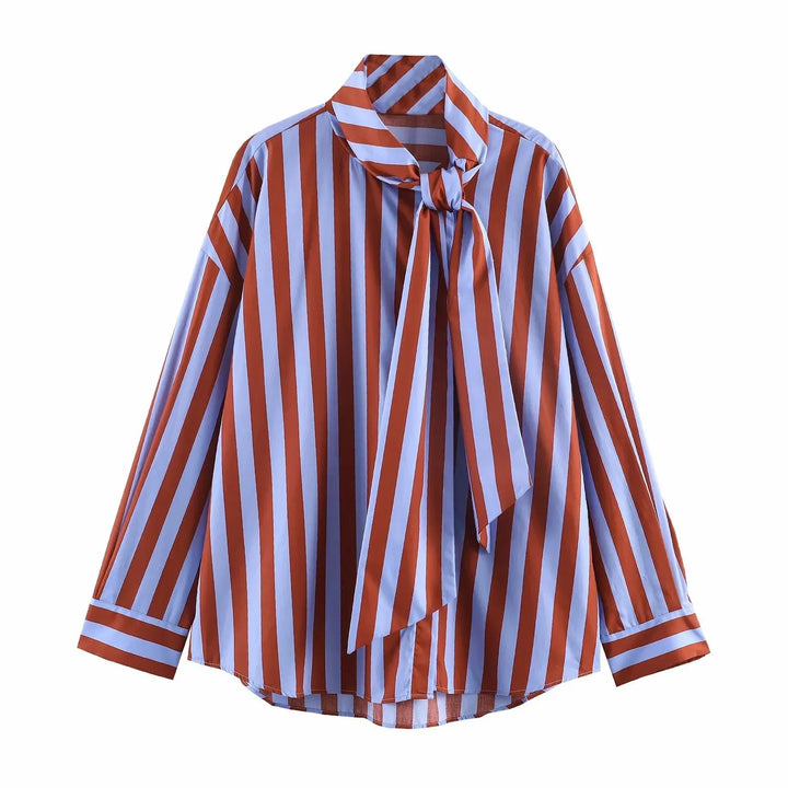 Women's Long Sleeve Shirt Bow Tie Loose Fit Shirt | Stripes