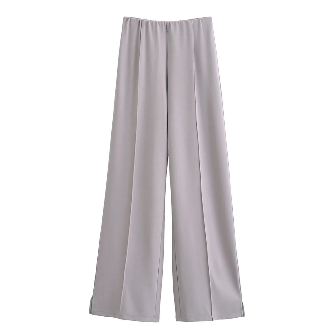 Women's Long Sleeve Round Neck Top and Wide Pants Two-Piece Set | Seam Detail