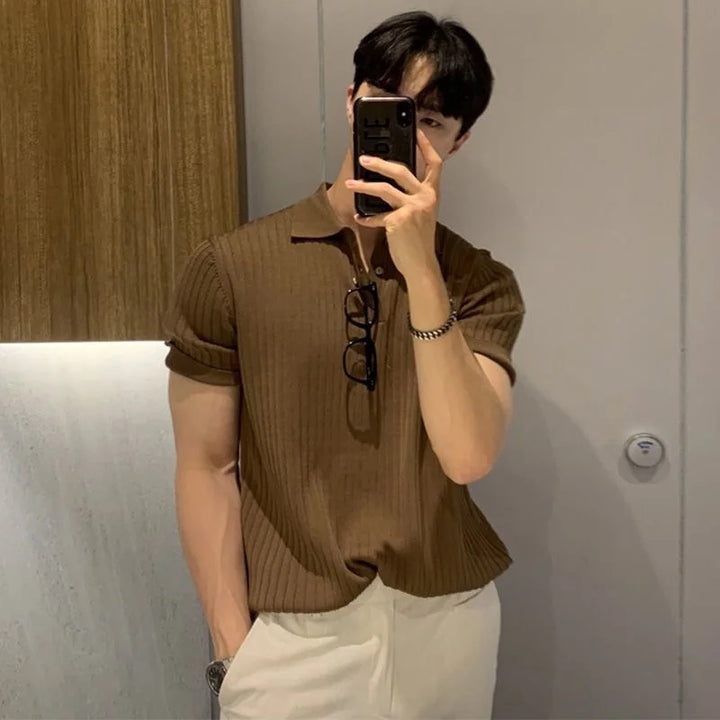 Męski Prążkowany Kołnierzyk Polo Krótki Rękaw Top Casual | Slim Fit