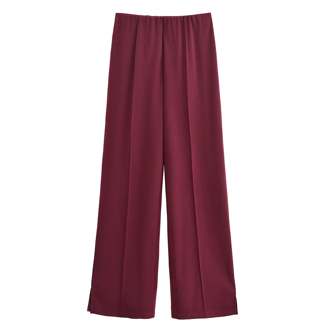 Women's Long Sleeve Round Neck Top and Wide Pants Two-Piece Set | Seam Detail
