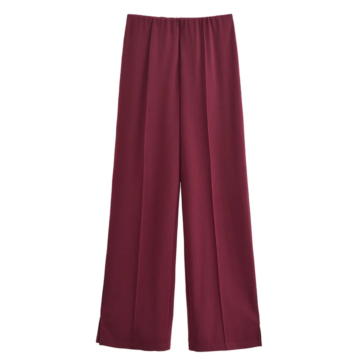 Women's Long Sleeve Round Neck Top and Wide Pants Two-Piece Set | Seam Detail