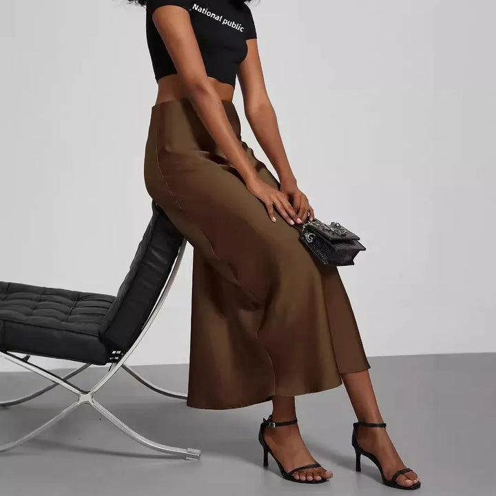 Women's High Waist Satin Effect Diagonal Cut Flared Skirt | Midi