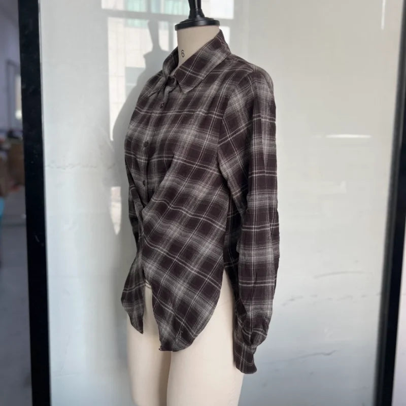 Women's Shirt Twisted Front Plaid Button-Up Long Sleeve Shirt | Long Sleeve