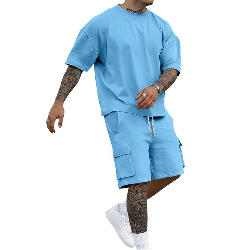 Męski Komplet z Oversize T-Shirtem z Krótkim Rękawem i Szortami Cargo | Luźny Krój