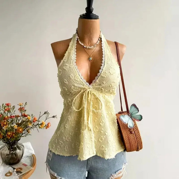 Women's Halter Top Neck Tie Open Back Lace Trim Top | Ruched