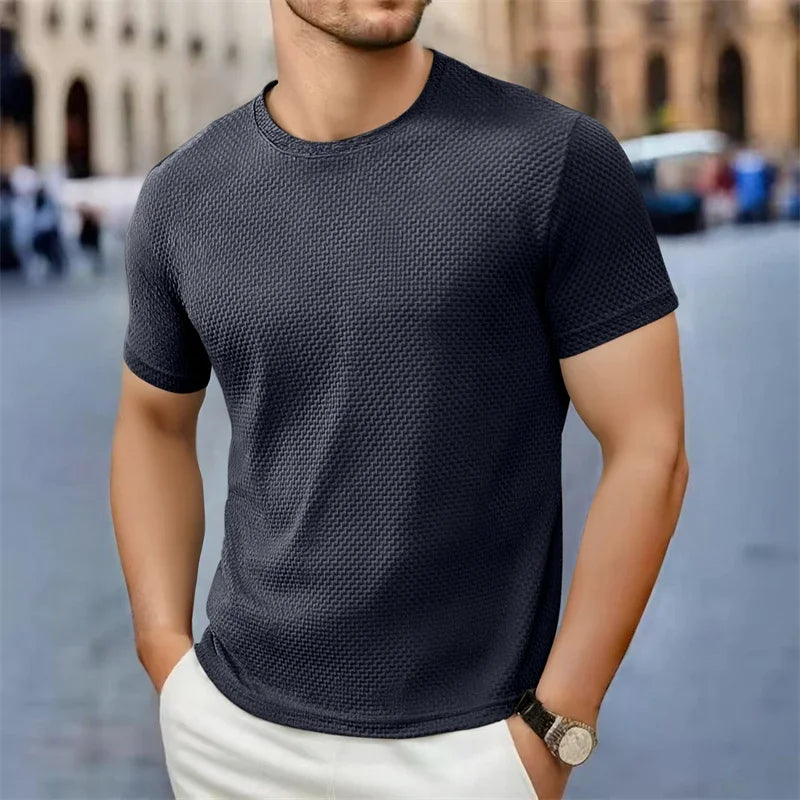 Męski T-Shirt z Fakturą, Okrągłym Dekoltem i Krótkim Rękawem | Dopasowany Krój